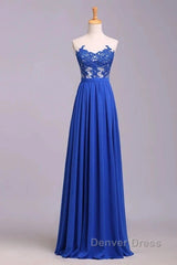 Elegant Strapless Chiffon Evening Lace Appliques Long Prom Dresses Royal Blue