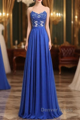 Elegant Strapless Chiffon Evening Lace Appliques Long Prom Dresses Royal Blue