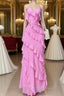 Elegant Straps Sheath Chiffon Prom Dress Pink Ruffles Long Prom Dresses