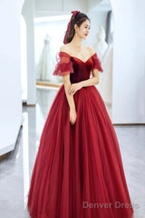 Elegant Tulle And Velvet Long Prom Dress, Off The Shoulder A-Line Evening Party Dress