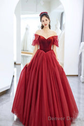Elegant Tulle And Velvet Long Prom Dress, Off The Shoulder A-Line Evening Party Dress