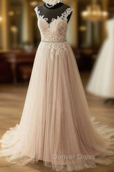 Elegant Tulle Lace Long Prom Dresses, A-Line Scoop Neckline Evening Dresses