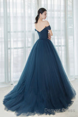 Elegant Tulle Long A-Line Prom Dress, Blue Off The Shoulder Evening Dress