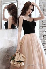 Elegant Tulle Long A-Line Prom Dress, Champagne Scoop Neckline Evening Dress