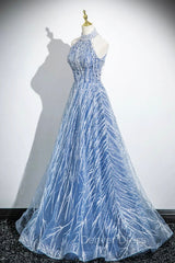 Elegant Tulle Sequins Floor Length Prom Dresses, Blue Halter A-Line Evening Dresses