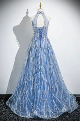 Elegant Tulle Sequins Floor Length Prom Dresses, Blue Halter A-Line Evening Dresses
