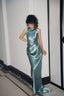 Elegant Turquoise Fitted High-Neck Halter Neck Satin Long Prom Dresses Evening Dresses Bridesmaid Dresses