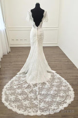 Elegant V Neck 1/4 Sleeves Sheath/Column Bridal Wedding Dresses With Lace