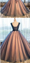 Elegant V-Neck Black Tulle Applique Prom Dress,