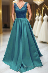 Elegant V Neck Green Lace Long Prom Dresses, Green Lace Formal Graduation Evening Dresses