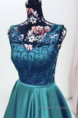 Elegant V Neck Green Lace Long Prom Dresses, Green Lace Formal Graduation Evening Dresses