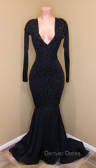 Elegant V-Neck Long Sleevess Appliques Sequins Mermaid Zipper Prom Dresses
