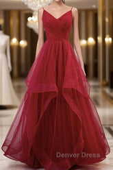 Elegant V Neck Open Back Sequins Burgundy Long Prom Dresses, Shiny Burgundy Formal Dresses, Fluffy Burgundy Evening Dresses