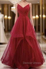 Elegant V Neck Open Back Sequins Burgundy Long Prom Dresses, Shiny Burgundy Formal Dresses, Fluffy Burgundy Evening Dresses