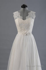 Elegant V-Neck Sweep Train White Open Back Lace Wedding Dress