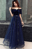 Elegant Velvet Bodice Tulle Long Prom Dress, Navy Blue Prom Dresses