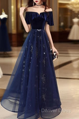 Elegant Velvet Tulle Long Formal Navy Blue Prom Dresses,