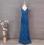 Elegant Vintage Royal Blue V-Neck Lace Long Prom Dresses Evening Dresses