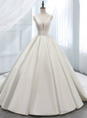 Elegant White Ball Gown Satin V-neck Backless Wedding Dress