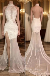 Elegant White Lace Halter Prom Party GownsMermaid Backless Party Dresses With Slit