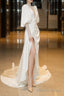 Elegant White Puffy Sleeves Long Prom Dress With Leg Slit White Wedding Party Dress
