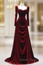 Elegant Wine Red Velvet Long Sleeves Prom Dress, Prom Wedding Prom Dresses