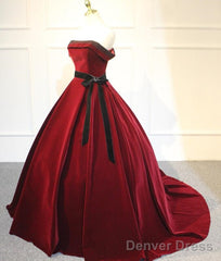Elegant Wine Red Velvet Sweet 16 Gown With Belt, Off Shoulder Party Gown