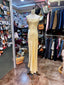 Elegant Yellow Mermaid Strapless Three-Dimensional Floral Satin Long Prom Dresses Evening Dresses Bridesmaid Dresses