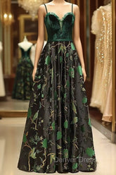 Embroidery Green Floral Long Prom Evening Dresses