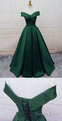 Emerald Green Long Satin Evening Dresses V-Neck Off The Shoulder Prom Dresses