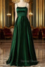 Emerald Green Prom Dresses, Strappy Back Slit Simple Satin Prom Dresses