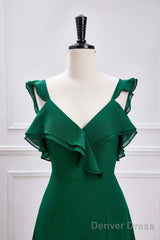 Emerald Green Ruffled Straps A-Line Bridesmaid Dress With Slit