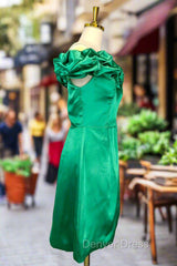 Emerald Green Sheath/Column Off-the-Shoulder Sleeveless Satin Short/Mini Homecoming Dresses With Ruffles