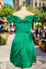 Emerald Green Sheath/Column Off-the-Shoulder Sleeveless Satin Short/Mini Homecoming Dresses With Ruffles