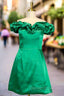Emerald Green Sheath Column Off The Shoulder Sleeveless Satin Short Mini Homecoming Dresses With Ruffles