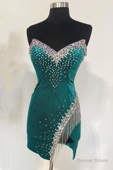 Emerald Green Velvet Strapless Beaded Short Cocktail Dress with Tassels