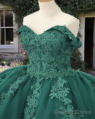 Emerald Off Shoulder Tulle Ball Gown Appliques Dress