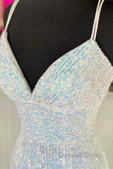 Empire Mermaid White Sequin V-Neck Prom Dresses