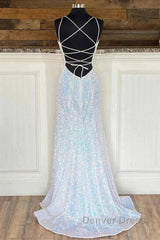 Empire Mermaid White Sequin V-Neck Prom Dresses