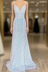 Empire Mermaid White Sequin V-Neck Prom Dresses