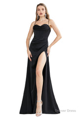 Engerla Sexy High Slit Evening Dresses Spaghetti Satin Ruched Shower Party Dress Pageant Celebrity Gown