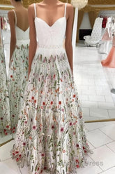 White Straps Floor Length Long Prom Dresses with Lace Flowers Formal Dresses