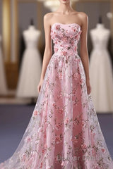 Pink Tulle 3D Flowers Long Prom Dresses, Pink Evening Dresses