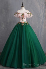 Green Off the Shoulder Floor Length Prom Dresses with Appliques, Puffy Quinceanera Dresses