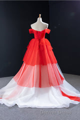 Red and White off the Shoulder Tired Prom Dresses, Puffy Formal Party Dresses