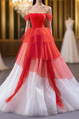 Red and White off the Shoulder Tired Prom Dresses, Puffy Formal Party Dresses