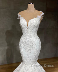 Exquisite Long Lace V-neck Sleeveless Mermaid Wedding Dresses