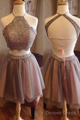 Exquisite Two Pieces Open Back Halter Blush Lace Homecoming Dress