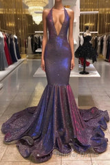 Chic Deep V-Neck Sleeveless Prom Dresses New Arrival Halter Memaiad Sequins Evening Gowns