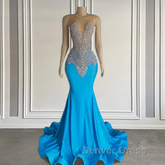 Ocean blue sleeveless mermaid prom Dresses with long beadings